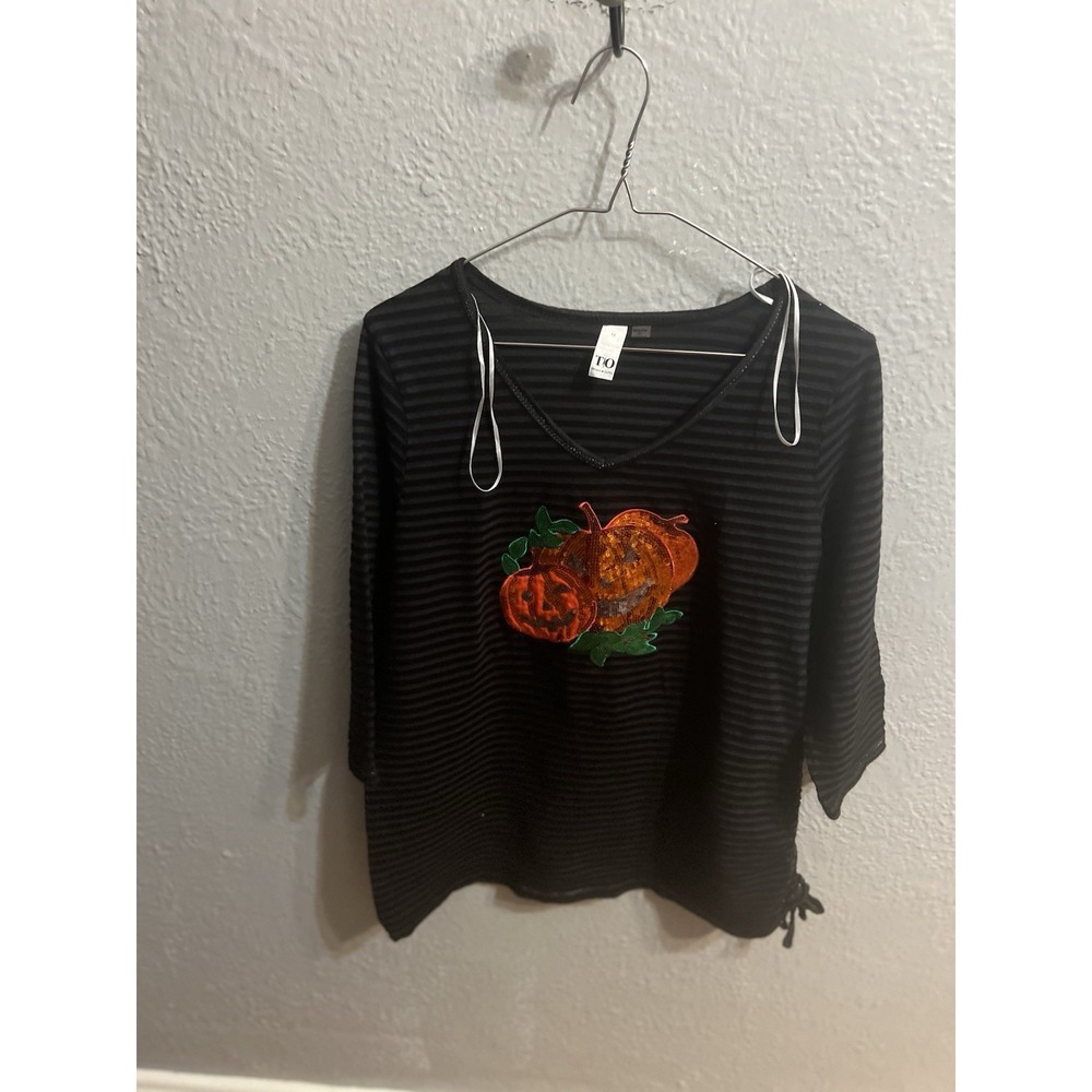 Thomas & Olivia Black Striped Halloween Pumpkin Top‎  Womens Size 1X